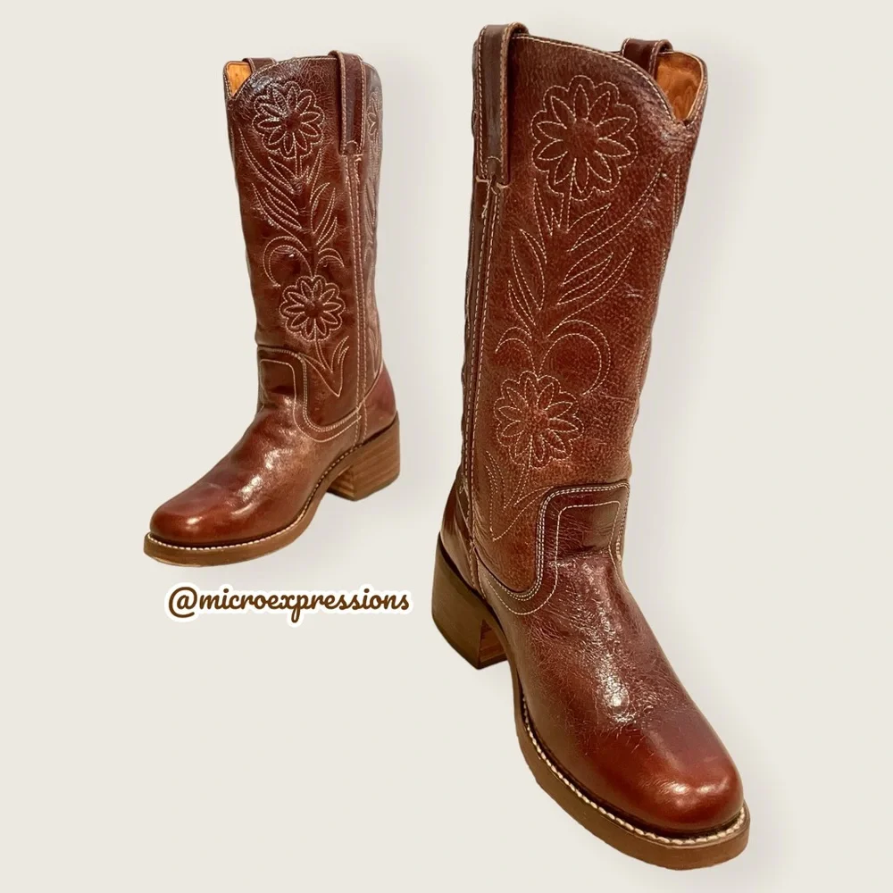 RARE 1960s Frye Vintage Embroider Brown Campus Western Cowboy Floral Stitch Boot